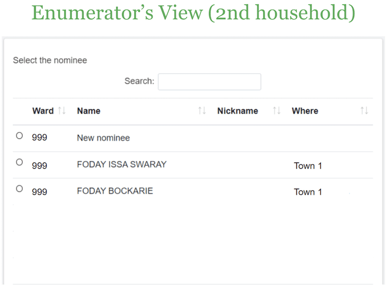 Image of IPA's workflow. Image reads, "Enumerator's View (2nd household)" and shows a survey with three options for candidate nominee.