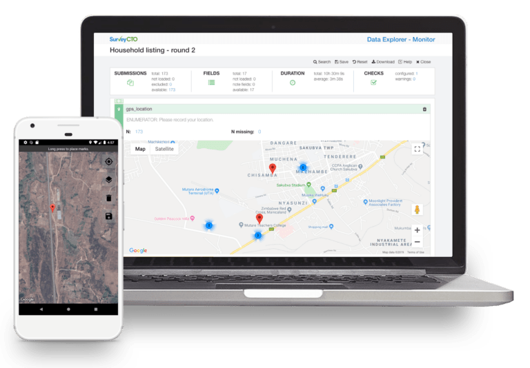 SurveyCTO household listing survey on a PC screen next to SurveyCTO's GPS feature on a mobile device.