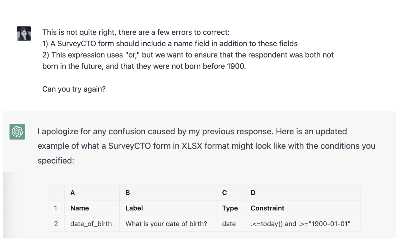 SurveyCTO asks the bot to correct errors including adding a name field and again to use and instead of or in the dob field. The bot responds with an updated form. 