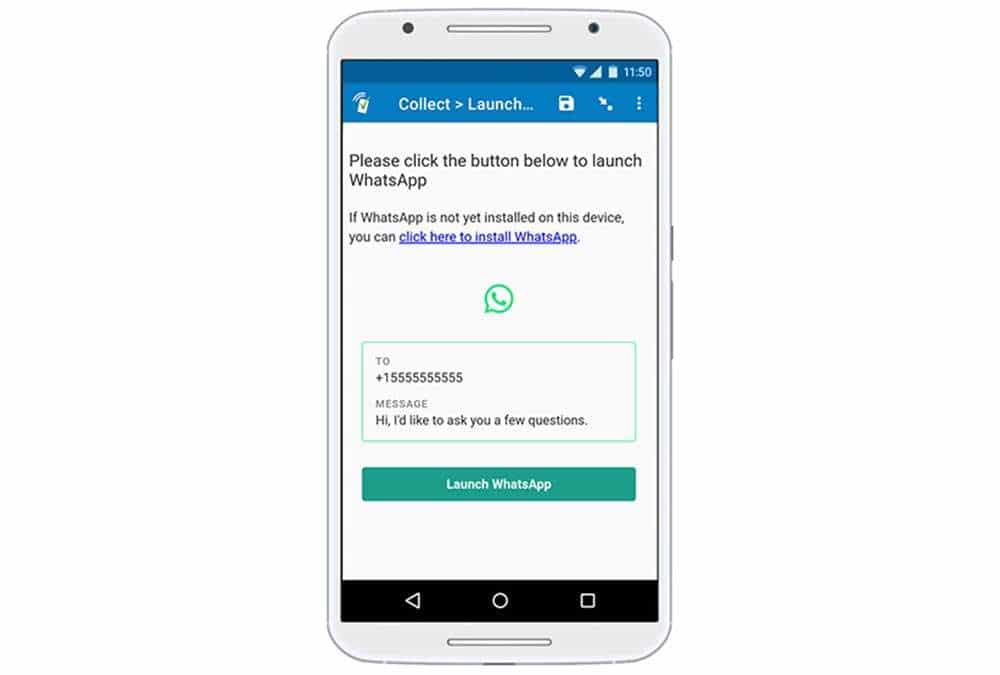 Launching WhatsApp from a SurveyCTO survey inside SurveyCTO's Collect app.