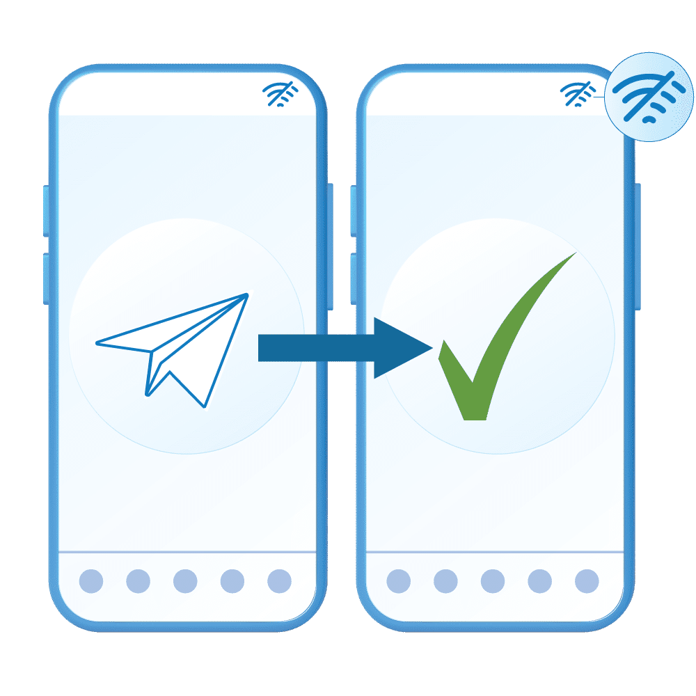 Two mobile phones are next to each other, one with a paper plane icon and one with a checkmark icon. An arrow points from the left phone to the right, and an internet icon in the top righthand corner is crossed out, indicating the phones are offline.