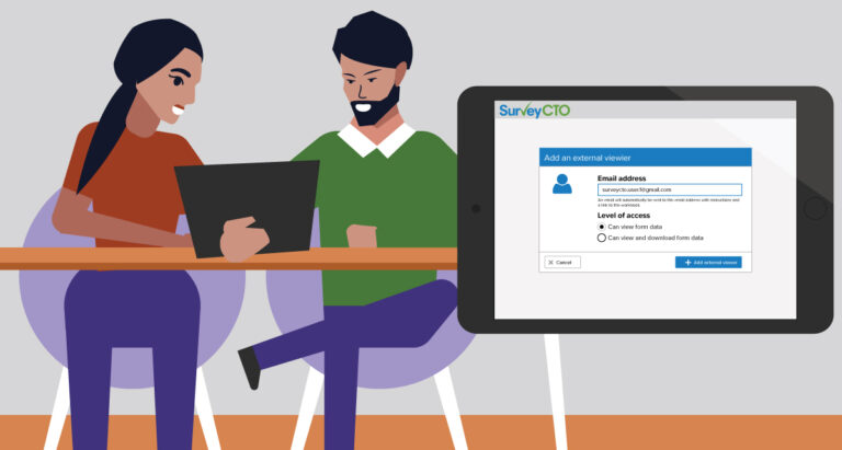 Illustration of man and woman using SurveyCTO's external viewer feature.