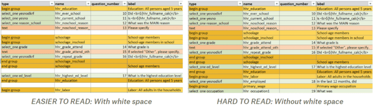 SurveyCTO sample form displaying the difference between including adequate white space between form lines, and not including them.