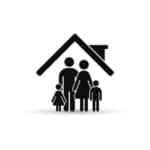 Illustrated icon of a family standing in front of their house.