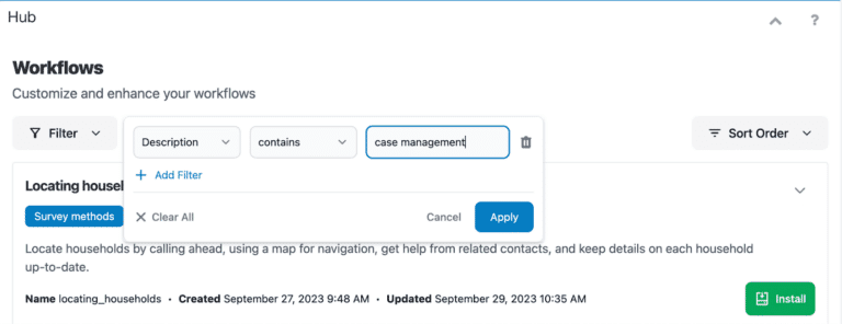 Image of SurveyCTO's template library the Hub, filtered to show case management workflows.