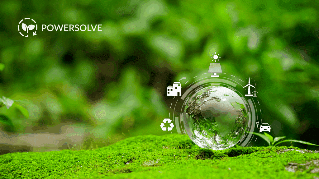 Image of the PowerSolve logo laid over a background of green trees, with an image of a globe surrounded by icons signifying climate action. PowerSolve uses SurveyCTO to build DMRV solutions for carbon offset projects.