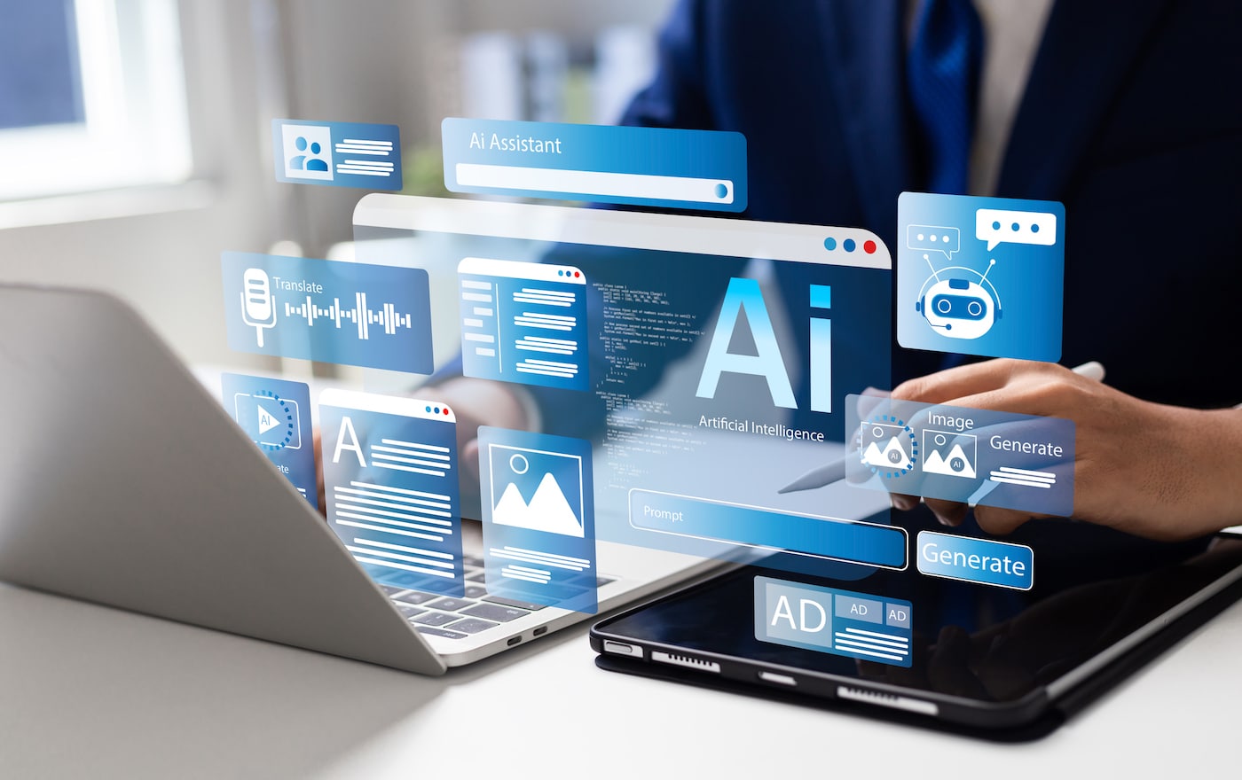 Illustration of person using AI systems on a laptop.