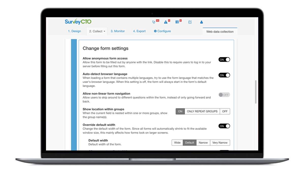 Extended web form settings in the Collect tab of the server console